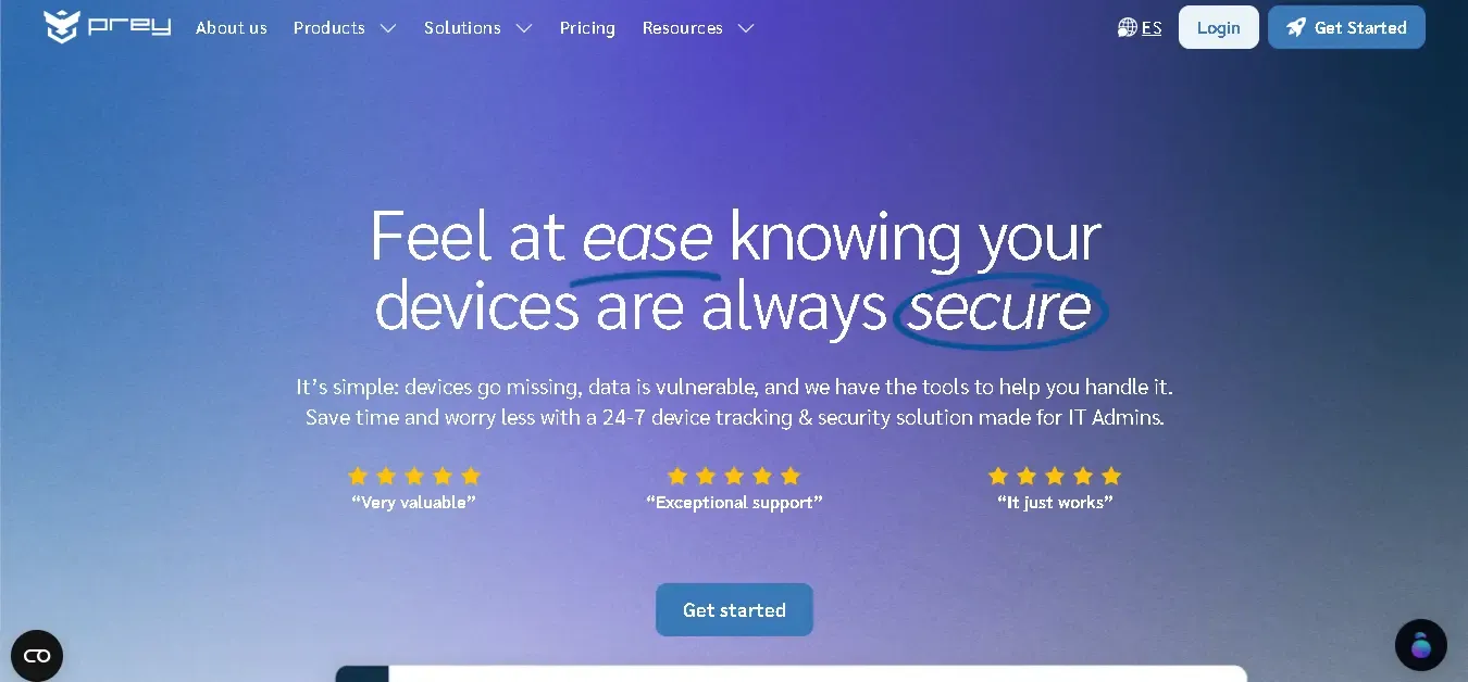 Prey website hero section for device tracking and security software for IT Admins
